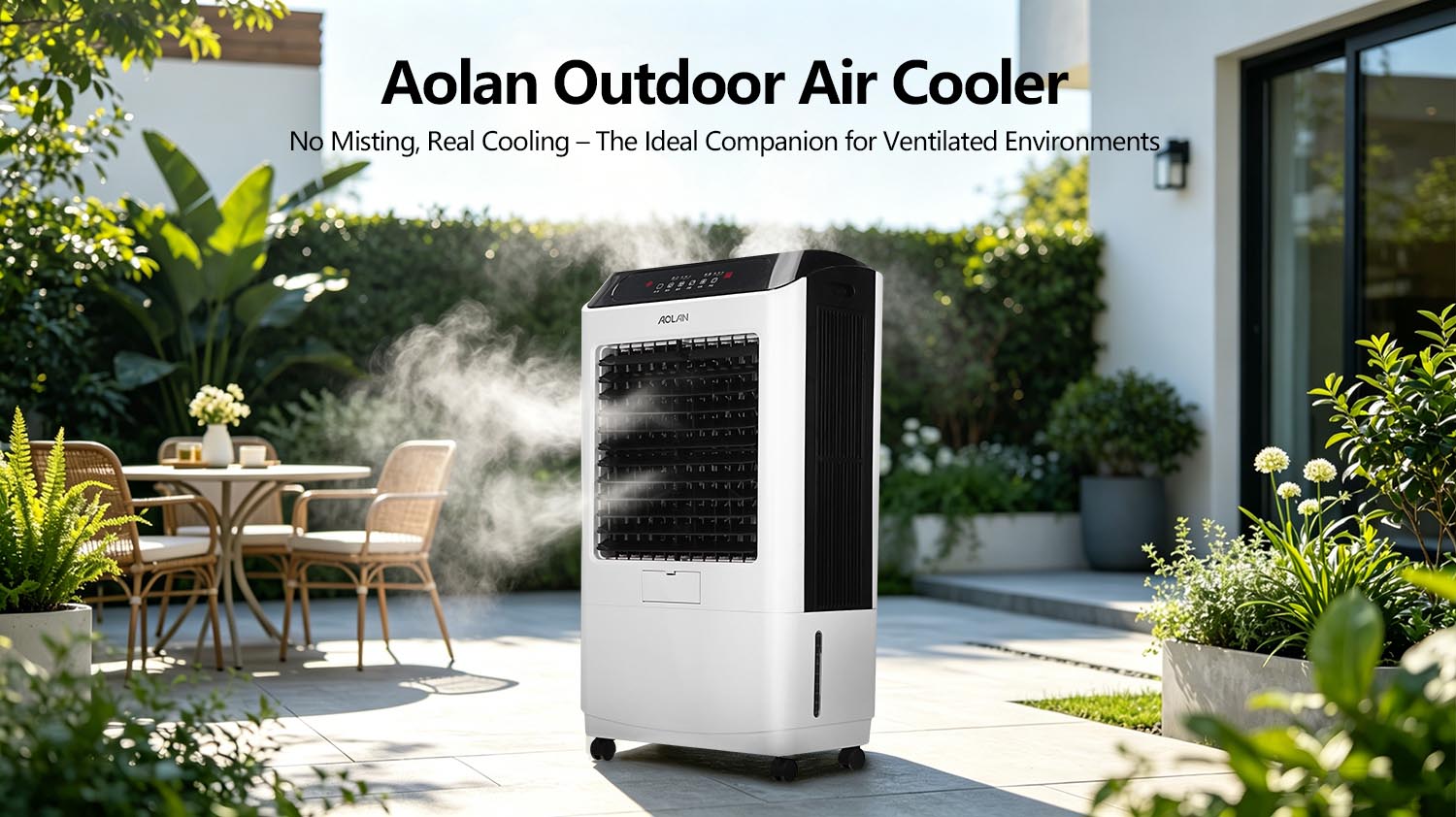 Enfriador de aire exterior Aolan: Sin nebulización, refrigeración real: el complemento ideal para ambientes ventilados.